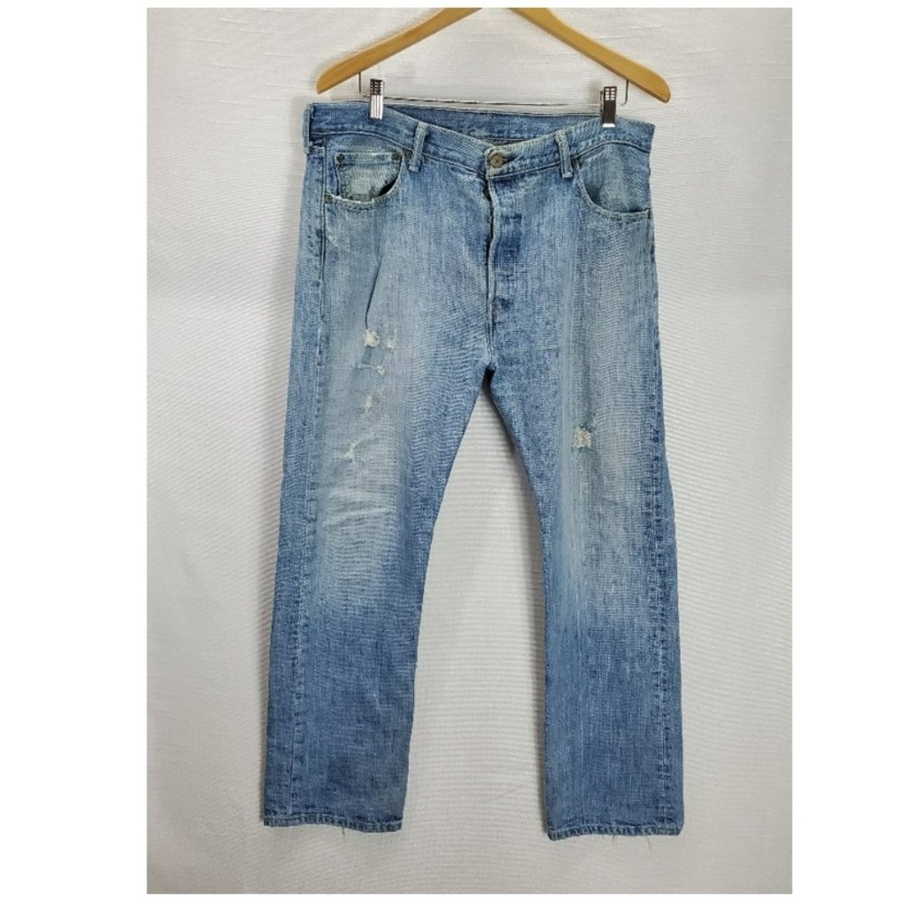Levis 501 Jeans Mens 36x30 Blue Denim Distressed Button Fly Straight Leg